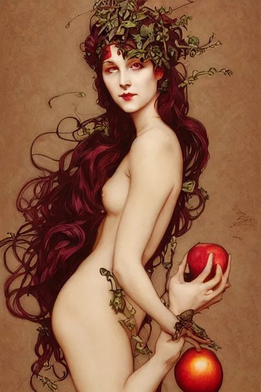 Prompt: Art Nouveau Lilith, Empress of the moon, Sensual occult esoteric woman holding an apple, full body portrait, headshot, D&D, fantasy, highly detailed, digital painting, artstation, concept art, sharp focus, illustration, art by artgerm and greg rutkowski and alphonse mucha