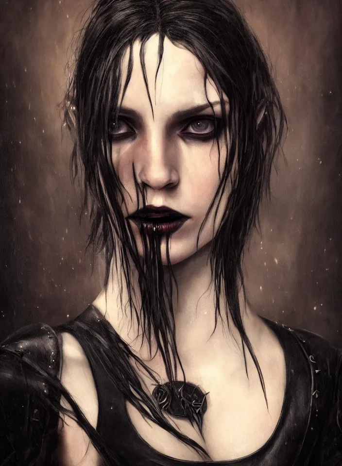 Prompt: a half portrait of a young female vampire sorceress wearing a black leather dress from skyrim, fantasy setting, beautiful face, dark colors, scary lighting, atmospheric, cinematic, moody, in the style of diego koi, gina heyer, luiz escanuela, art by alyssa monk, hyperrealism, rule of thirds, golden ratio, oil on canvas, 8 k