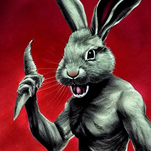 Image similar to rabbit as a monster, fantasy art style, scary atmosphere, nightmare - like dream