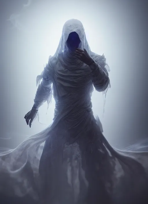 Prompt: highly detailed stunning image of ghost sorcerer full body, 3 d octane render, unreal engine, hyper realistic, realistic, soft illumination, surrounded in dask wispy smoke, trending artstation