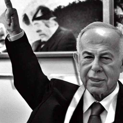 Prompt: photo of yitzhak rabin pointing at benjamin netanyahu on the background of the knesset, 5 0 mm, beautiful photo