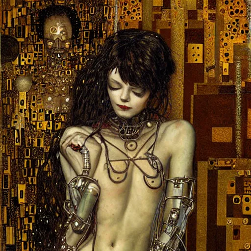 Prompt: cybernetic vampire sleeping in circuits, intricate detail, klimt, royo, whealan,