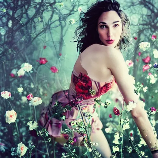 Prompt: full body fine art photo of the beauty gal gadot, she is merging from roses, taken by oleg oprisco