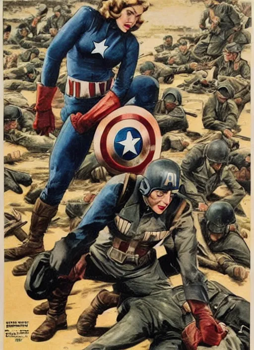 Image similar to beautiful female captain america standing on a pile of defeated german soldiers. feminist captain america wins wwii. american wwii propaganda poster by james gurney