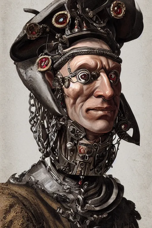 Image similar to portrait, headshot, digital painting, of a old 17th century cyborg merchant, ruby jewels, baroque, ornate clothing, realistic, hyperdetailed, chiaroscuro, concept art, art by Franz Hals