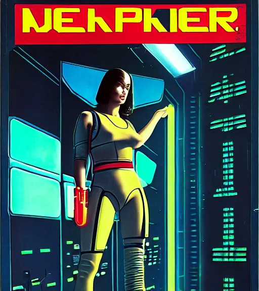 Image similar to cable inserted into head, jacked into cyberdeck wrist terminal, very very beautiful cyberpunk woman, computer, 1 9 7 9 omni magazine cover, style by vincent di fate, cyberpunk 2 0 7 7, very coherent, detailed, 4 k resolution, unreal engine, daz