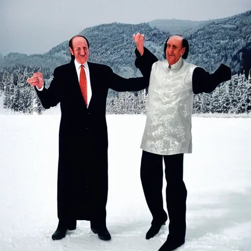 Image similar to bin laden dancing with king juan carlos, in the middle of a snowy landscape