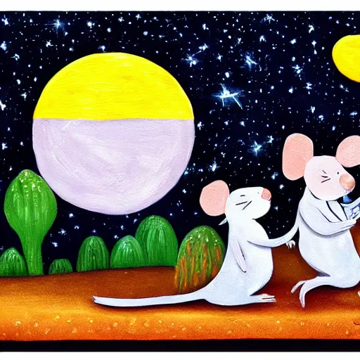 Image similar to two cheerful mice on a planet made of cheese, highly detailed painting