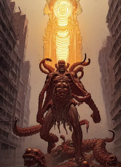 Image similar to masterpiece concept art, levitrial the ancient demon god, by geoff darrow and greg rutkowski and greg darrow, 8 k, intricate detail, cinematic lighting