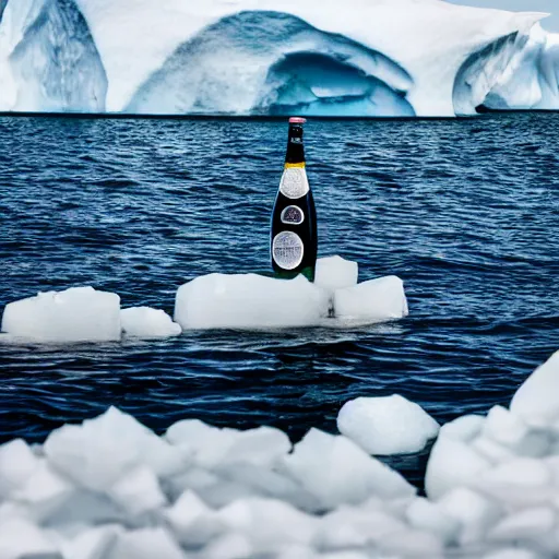 Prompt: symmetrical photo of bottle standing in front of iceberg