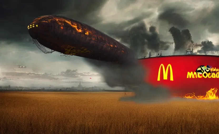 Prompt: an immense mcdonald's branded steampunk airship heavily branded with huge yellow and red mcdonald's logo and golden arches logo crashed and burning in a field, thick black smoke billowing, turbulent storm clouds, dystopian, sharp focus, octane render, imax