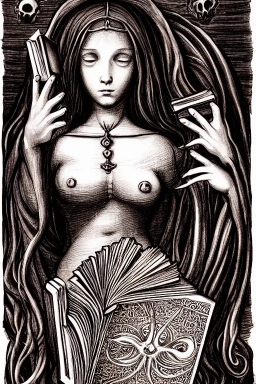 Image similar to da vinci illustration of romantic girl, her cat and her book of necronomicon, symmetrical, cinematic, sharp focus, 4 k, ultra hd, sense of awe, sinister demonic atmosphere, dreadful, forbidden knowledge, old gods, cthulhu, yog - sothoth! yah, yah, yah! cultist journal cover