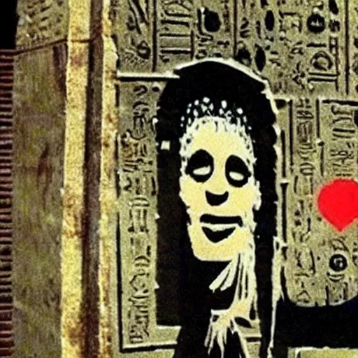 Prompt: banksy graffiti on cursed ancient egyptian tomb, sesame street 1 9 7 8