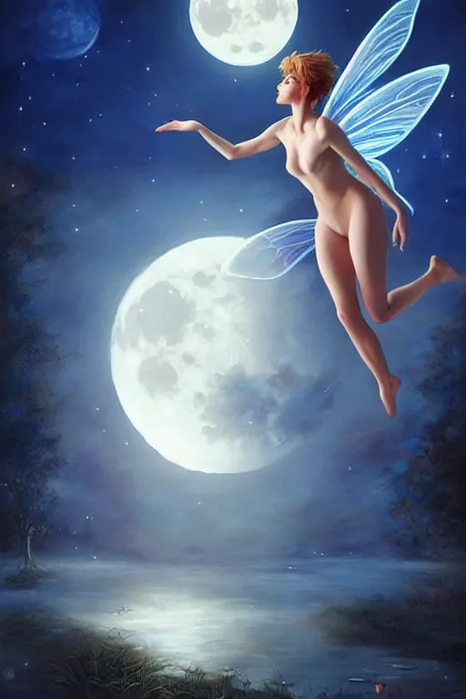 Image similar to attractive fairy magically floating high in the night, fantasy, full moon in background. highly detailed painting by artgerm, mid shot, 8 k