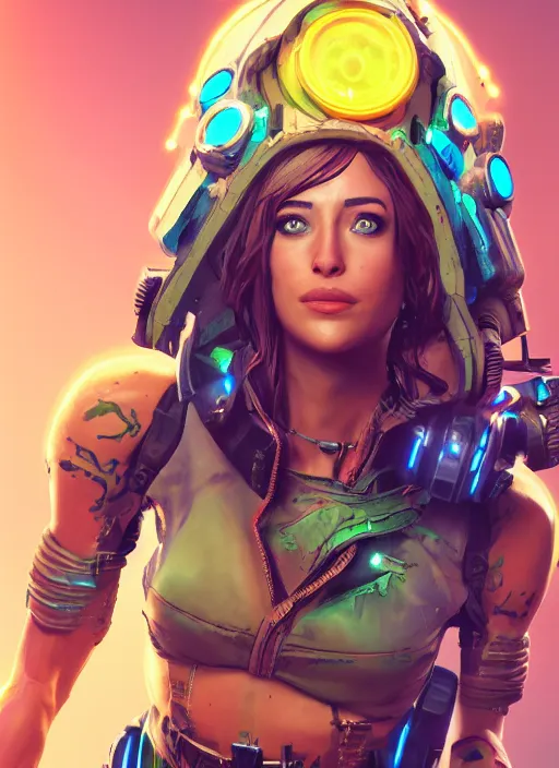 Image similar to glowwave portrait of dakota johnson from borderlands 3, au naturel, hyper detailed, digital art, trending in artstation, cinematic lighting, studio quality, smooth render, unreal engine 5 rendered, octane rendered, art style by klimt and nixeu and ian sprigger and wlop and krenz cushart.