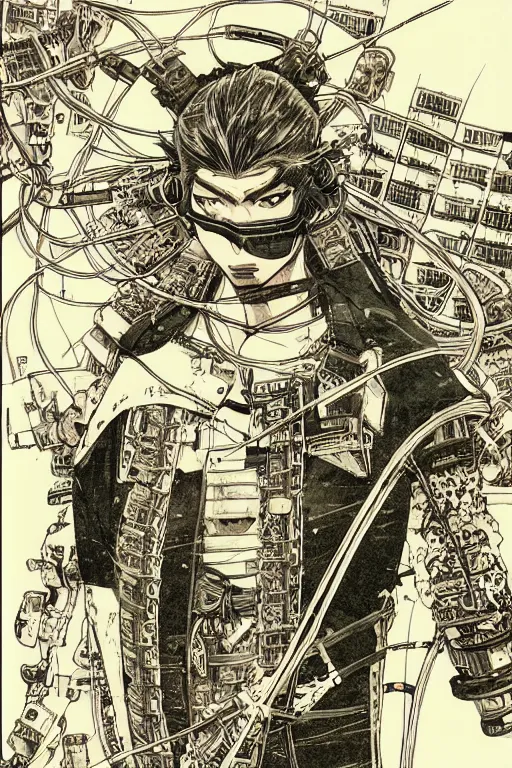 Image similar to beautiful hyperdetailed cyberpunk anime illustration of a male samurai lying in the lab with wires and cables coming out of his head and back, by moebius, masamune shirow and katsuhiro otomo