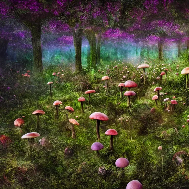 Image similar to a planet of various fungus, mushrooms, flowers and plants, inside the picture is infinity, Atmospheric, artistic photography, conceptual, long exposure outside the city, volumetric light