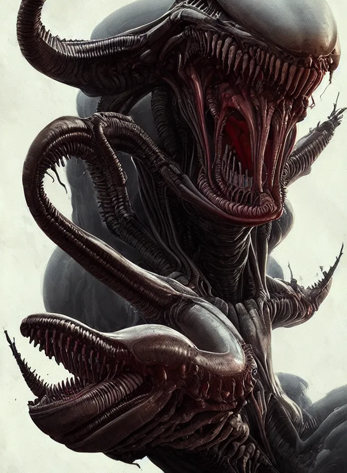 Image similar to a face portrait of a creature invoking fear, art by greg rutkowski, alien xenomorph, horror setting, dark lighting, matte painting, trending on artstation, very detailed