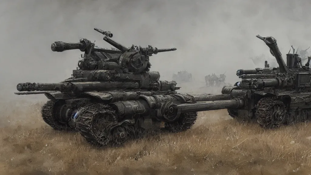 Prompt: closeup of m 7 7 7 howitzer artillery, watercolored, jakub rozalski, dark colours, dieselpunk, high quality, artstation