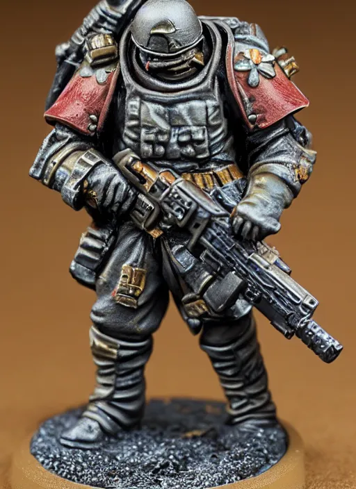 Image similar to 8 0 mm resin detailed miniature of a warhammer 4 0 k wounded catachan soldier, carrying huge sniper, product introduction photos, 4 k, full body