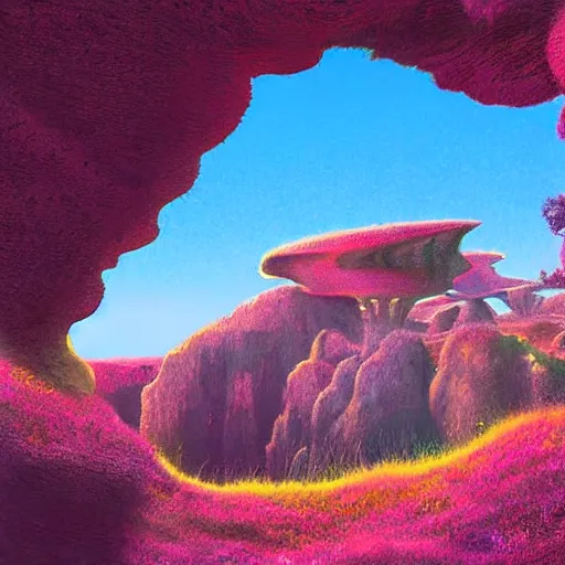 Image similar to digital painting of a lush natural scene on an alien planet by moebius. ultra sharp high quality digital render. detailed. beautiful landscape. colourful weird vegetation. cliffs and water.