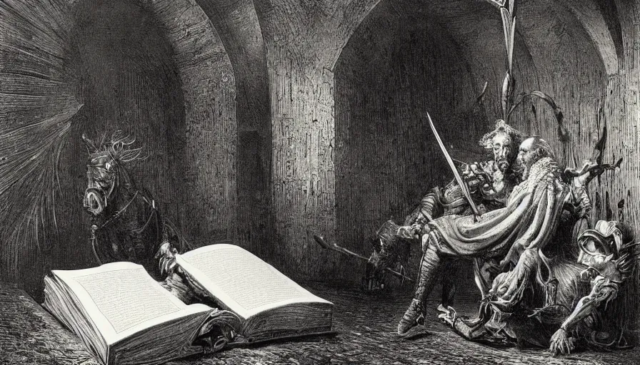 Image similar to big opened book, open book page, don quixote leave the book, cinematic romantic magical masterpiece, by gene wolfe, highly detailed painting by gustave dore