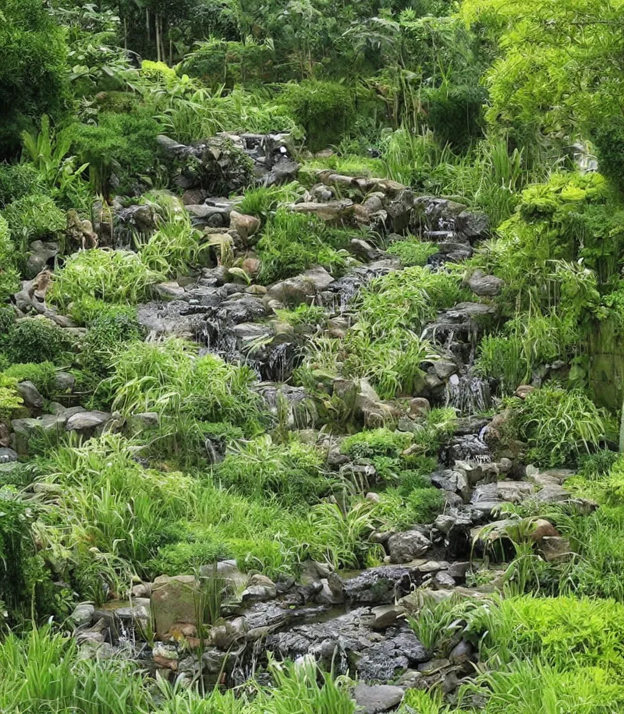 Prompt: a garden, in which there is a flowing water sculpture made of bamboo, garden landscape and symmetrical landscape ， by andre le notre ， trending ，