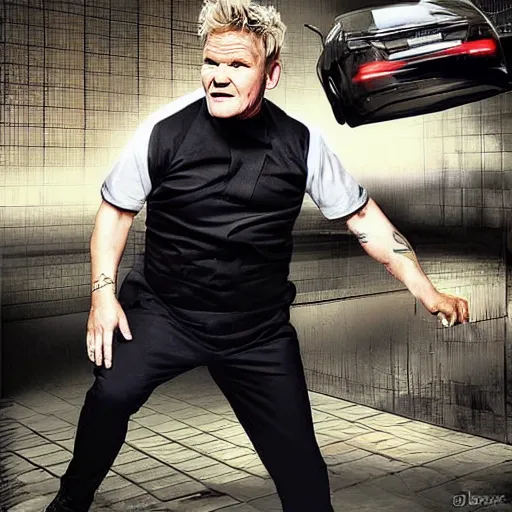 Image similar to fat gordon ramsay escaping from prison, hyper realistic, photo, photo studio, news paper, hyper detailed, smooth