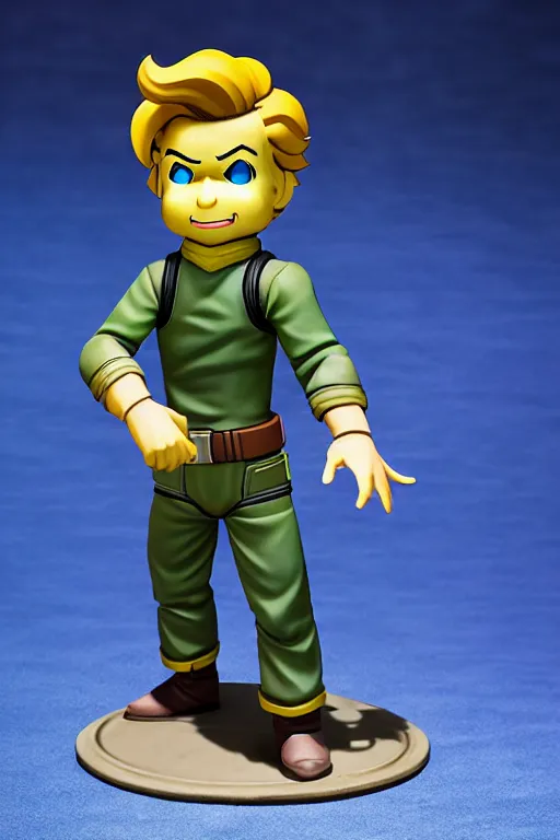 Prompt: still high quality figurine of vault boy from fallout, action figure, tsurime eyes, tareme eyes, personification, dynamic pose, detailed product photo, featured on amiami, tone mapped, beautiful composition, 8 5 mm, f. 1 4