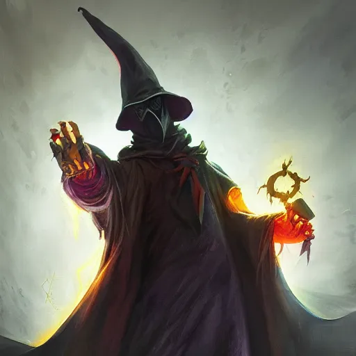 Prompt: wizard plague doctor, Casting a multi colored spell, highly detailed, concept art,, D&D, Fantasy, Digital Painting, sharp focus, dynamic, lighting, 4k, by Viktor Antonov and Greg Rutkowski