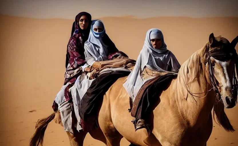 Image similar to beautiful burqa's woman, riding a horse!!! in saharan, sharp eyes, handling riffle on chest, shooting pose, perfect posture, dust, cinematic, dynamic pose, pinterest, center of interest