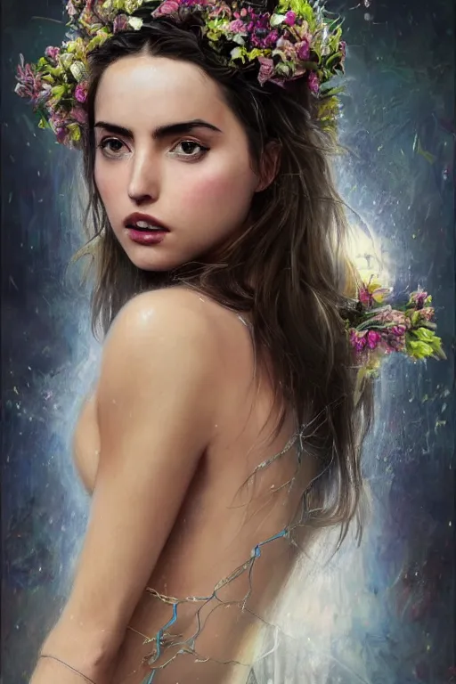 Image similar to medium body shot portrait of ana de armas, perfectly proportioned face by wlop, as a female mythical magical aztec warrior wearing a crown of long white cables and black peony flowers as a cyberpunk cyborg goddess, standing over a plain modern background, realistic and detailed, by aaron de leon, sandro boticelli, studio ghibli and alphonse mucha, hdr 8 k