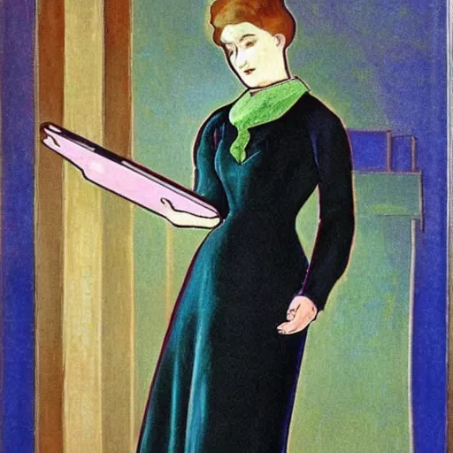 Image similar to a 2 1 st century jugendstil dress, woman with ipad