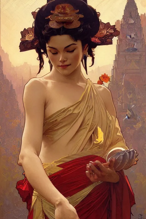 Prompt: buddhism, painting by greg rutkowski, artgerm, j. c. leyendecker, alphonse mucha