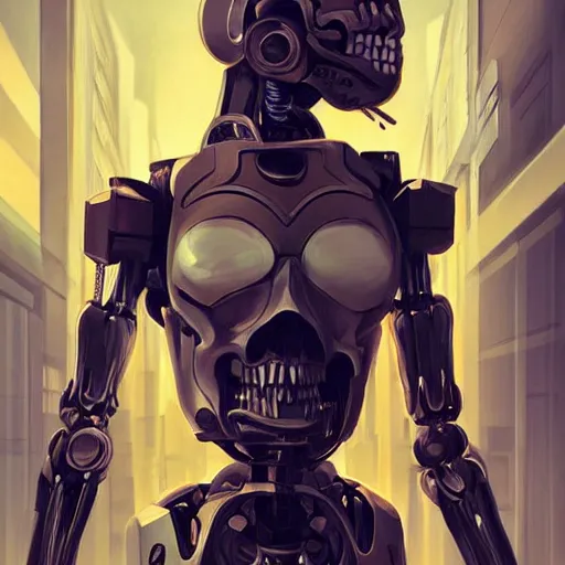 Image similar to skull - headed robot cyborg painting, illutstration, concept art, cyberpunk, futurism, comics art, artgerm, full body shot, wide angle