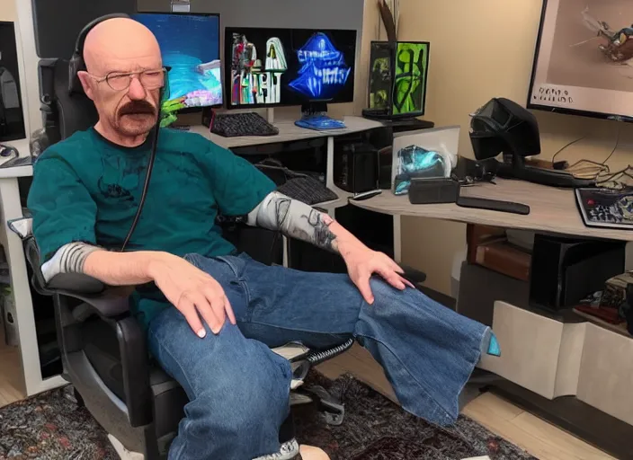 Image similar to realistic gamer walter white in real life on a gaming chair playing fortnite on his gamer pc