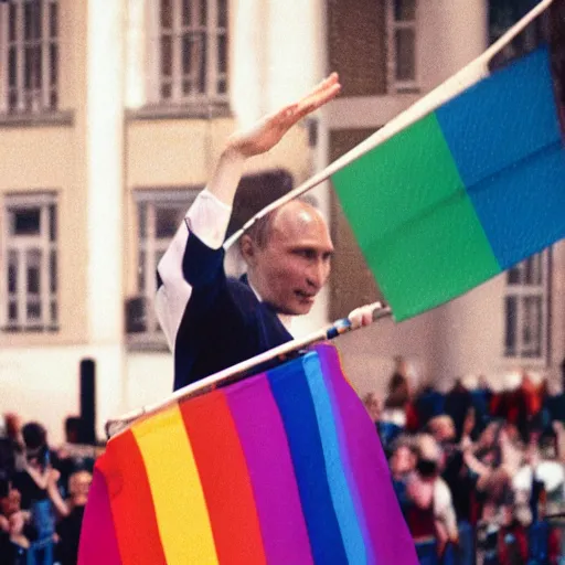 Prompt: photo of putin waving a gay pride flag, cinestill, 800t, 35mm, full-HD