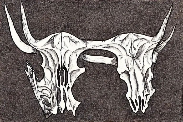 Image similar to Texas Longhorn Skull, skull bone carved with patterns, tritone, mixed media, fine linework, pen and ink, symmetry