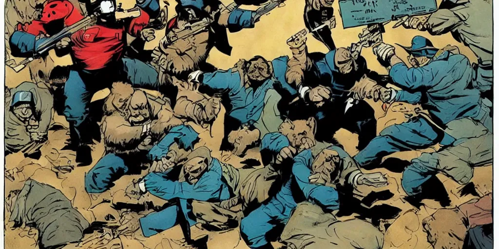 Image similar to style of frank miller, of a group of werebears robbing a bank