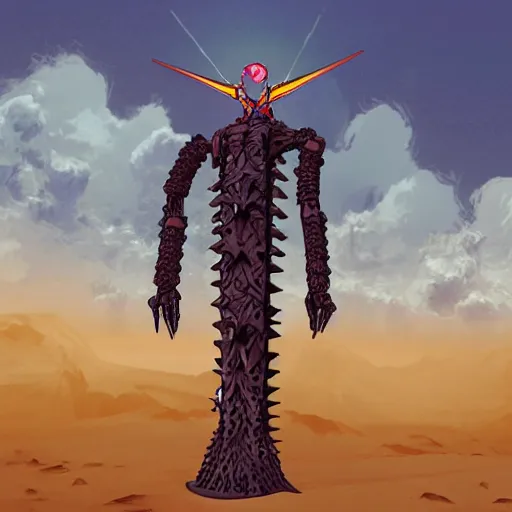 Image similar to spacepunk organic biomech living evangelion giant robot, made of spikes, lovecraftian, fullbody concept, surrounded by dunes, evil