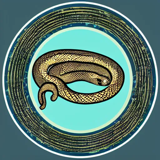 Prompt: circle made of a snake biting its own tail, tinted colours, highly detailed head, simple ring design on a plate