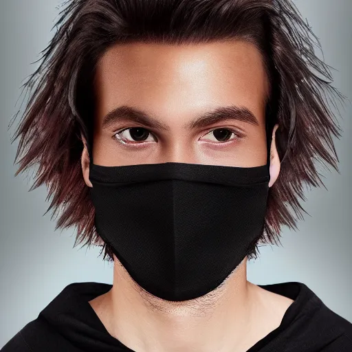 Image similar to professional digital art of a young adult man with slightly long hair wearing a black face mask and an oversized dark sweatshirt and dark sweatpants, high quality, HD, 8K, highly detailed, award-winning, sci-fi, fantasy, movie