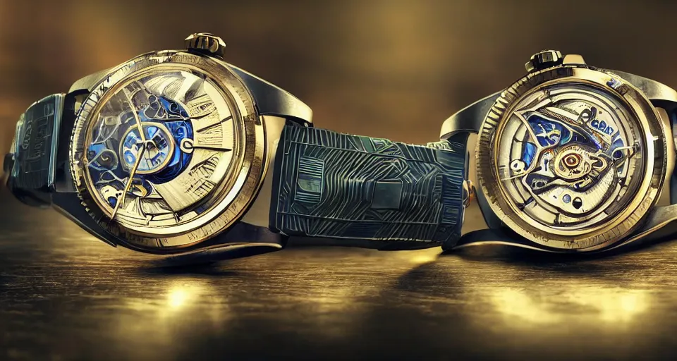 Image similar to a futuristic steampunk watch lying on a table, high detail, sharp focus, glowing blue interior components, fractal detail, depth of field, bokeh, cinematic lighting and composition, by syd mead and greg rutkowski and android jones, rolex