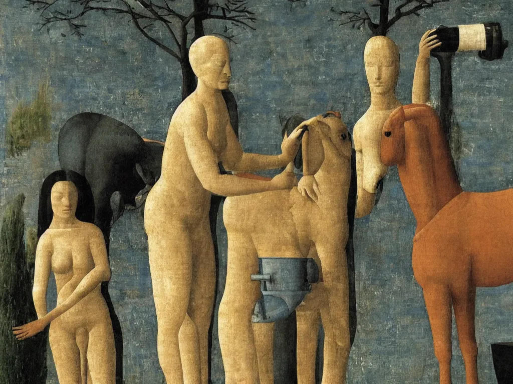 Prompt: detail woman washing with water jug. Horse, cypress tree. Comet. Painting by Piero della Francesca, Balthus, Morandi