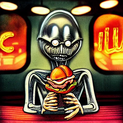 Prompt: hr giger style alien eating a hamburger and fries inside a space station with a neon shop sign in the background, photography