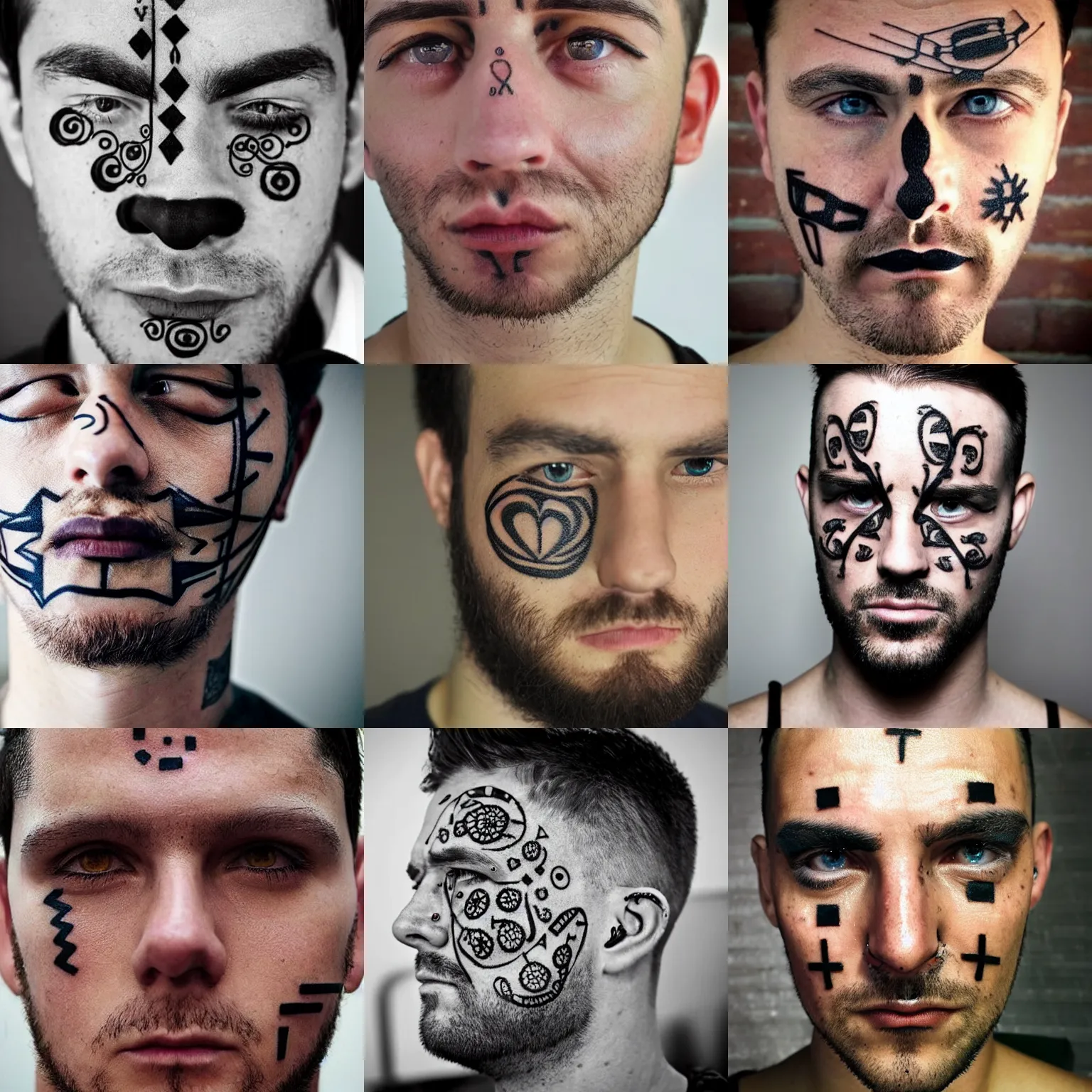 Prompt: man with circuit-pattern tattoos on his face, HD