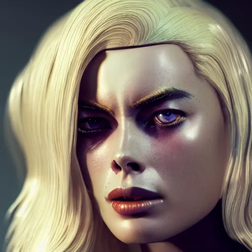 Prompt: shiny chrome skin Margot Robbie, photography, octane render