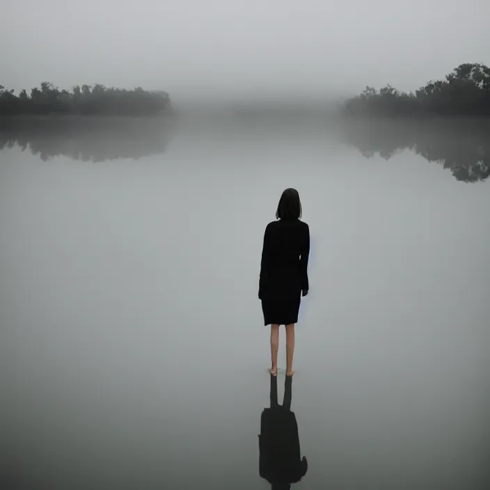 Image similar to a woman, standing in shallow endless water, foggy, backlit, backlit, photo by Marat Safin, Canon EOS R3, f/1.4, ISO 200, 1/160s, 8K, RAW, unedited, symmetrical balance, in-frame