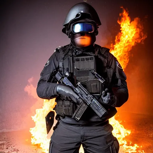 Prompt: portrait of a burning head swat agent with a tactical helmet and goggles holding a machine gun, centered, at night, mid shot, editorial photography