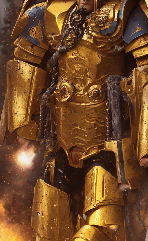 Image similar to angry Henry Cavill as warhammer 40k God-Emperor of Mankind dressed in his glowing golden power armor with no helmet. full-length portrait, beautiful face, long hair, painted by Donato Giancarlo, intricate fine armor rune details, cinematic, highly detailed, octane render